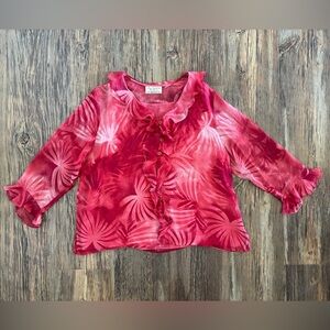 New York City Design Tropical Blouse Ruffles Pink Red White Built-in Tank No Sz